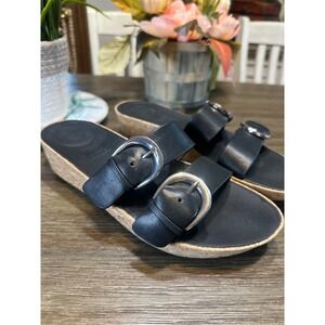 Fitflop Black Leather Duo Buckle Strap Cork Wedge Sandals Womens US 8 EUR 39
